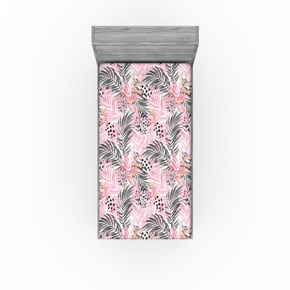 Ambesonne Tropical Fitted Sheet, Overlapped Palm Leaves, Twin XL Size, Dark Coral Grey and White