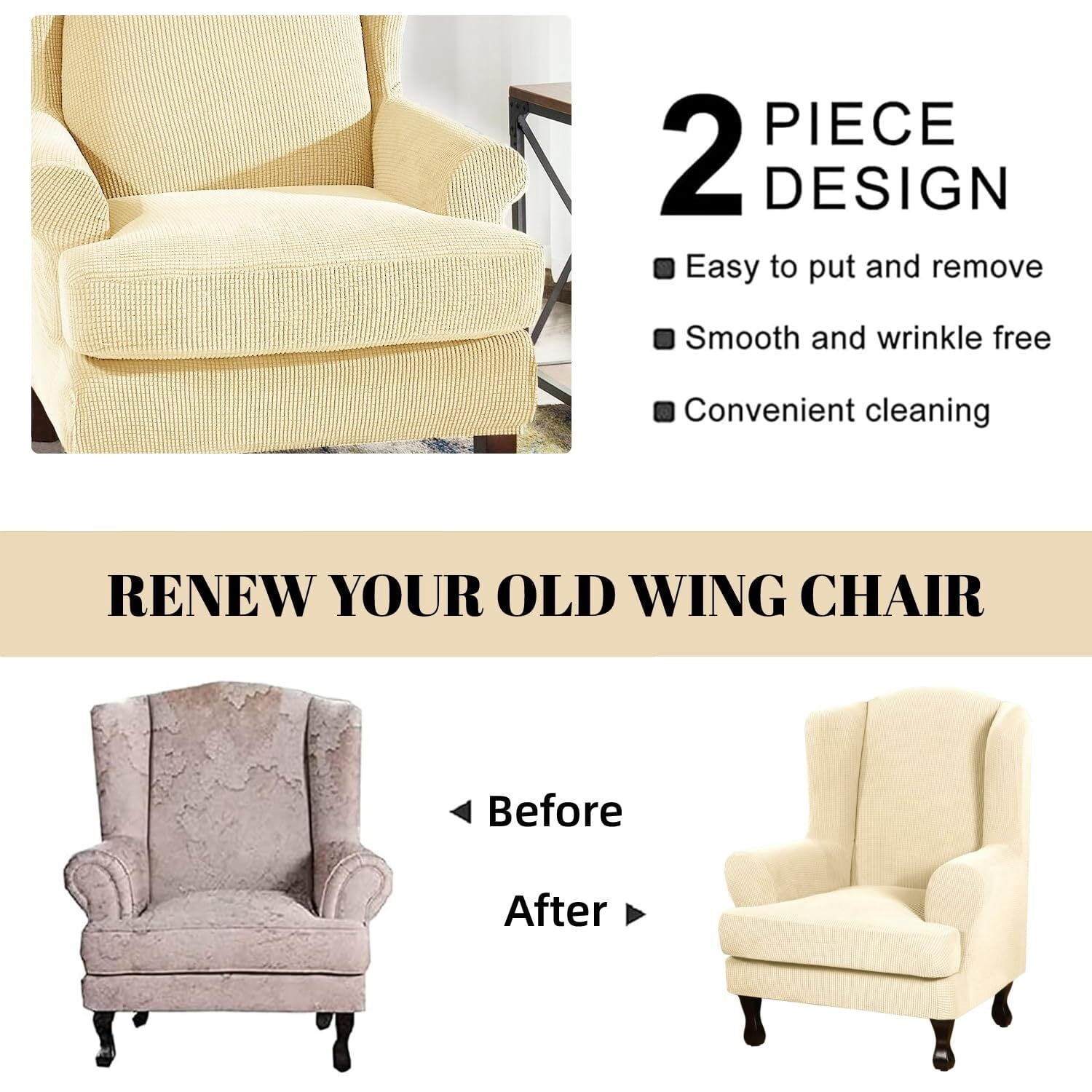 LKJYER Wing Chair Slipcovers 2 Pieces Stretch Spandex Wingback Chair Covers Sofa Slipcover Washable Armchair Protector Cover for Living Room and Bedroom