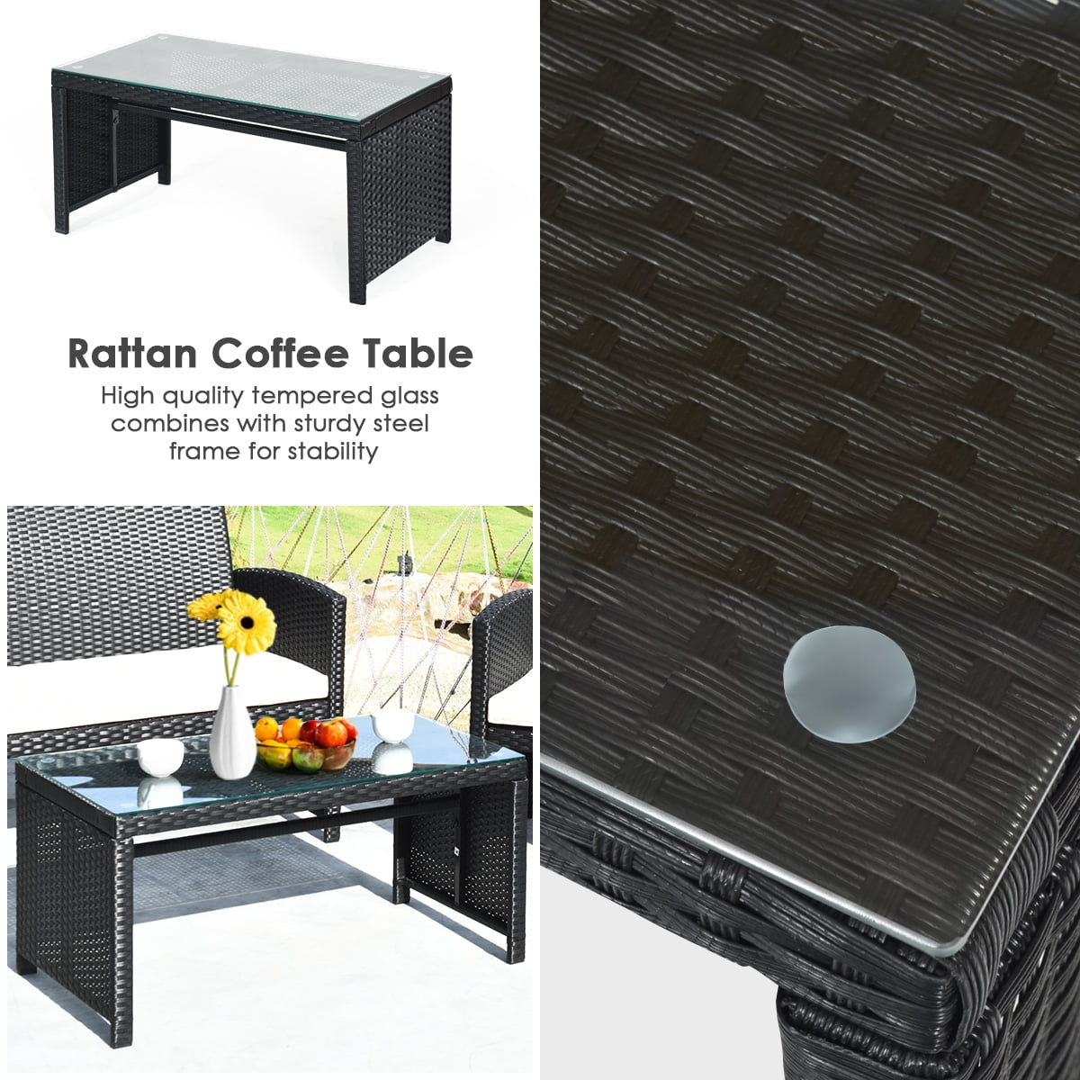 Costway 4PCS Outdoor Patio Rattan Furniture Conversation Set Cushioned Sofa Coffee Table
