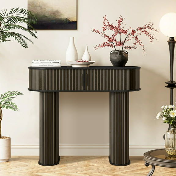Furtivusia Console Table with Storage, Entryway Table with Sliding Door, Wood Sofa Table for Living Room, Foyer, Hallway, Black