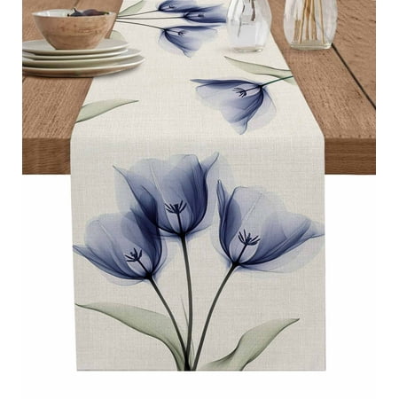 

Table Runner Dresser Scarf 13 x 48 Inch Retro Spring Blue Tulip Flower Leaf Beige Table Runners Non-Slip Heat Kitchen Dining Table Decor for Indoor Outdoor Home Party Decoration