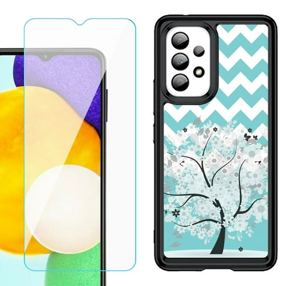 Shockproof Bumper (Black Frame) phone Case for Samsung Galaxy A23 5G, with Tempered Glass Screen Protector, by OneToughShield ® - Chevron/Tree