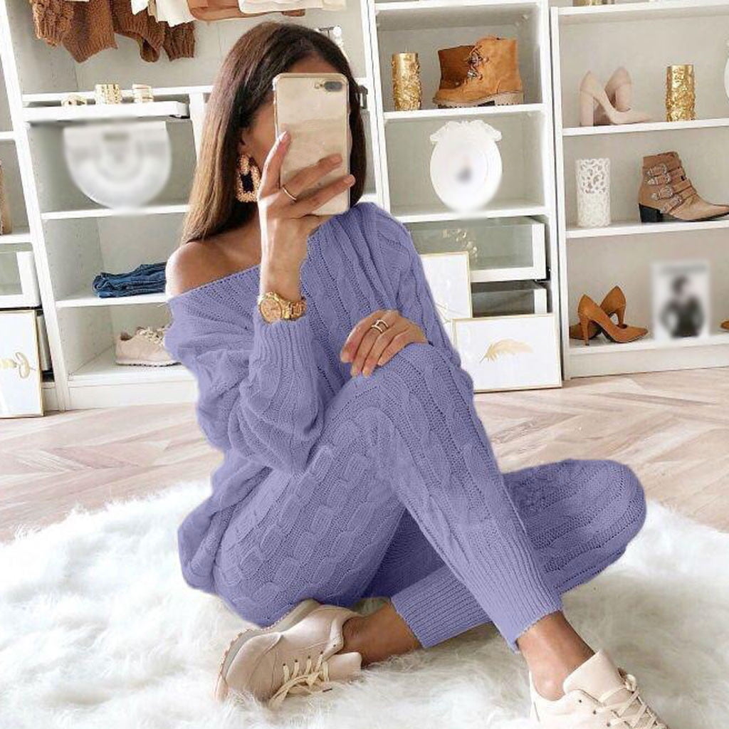 Details about   Women's Ladies Chunky Knitted High Roll Neck Top Bottom Loungewear Tracksuit Set 
