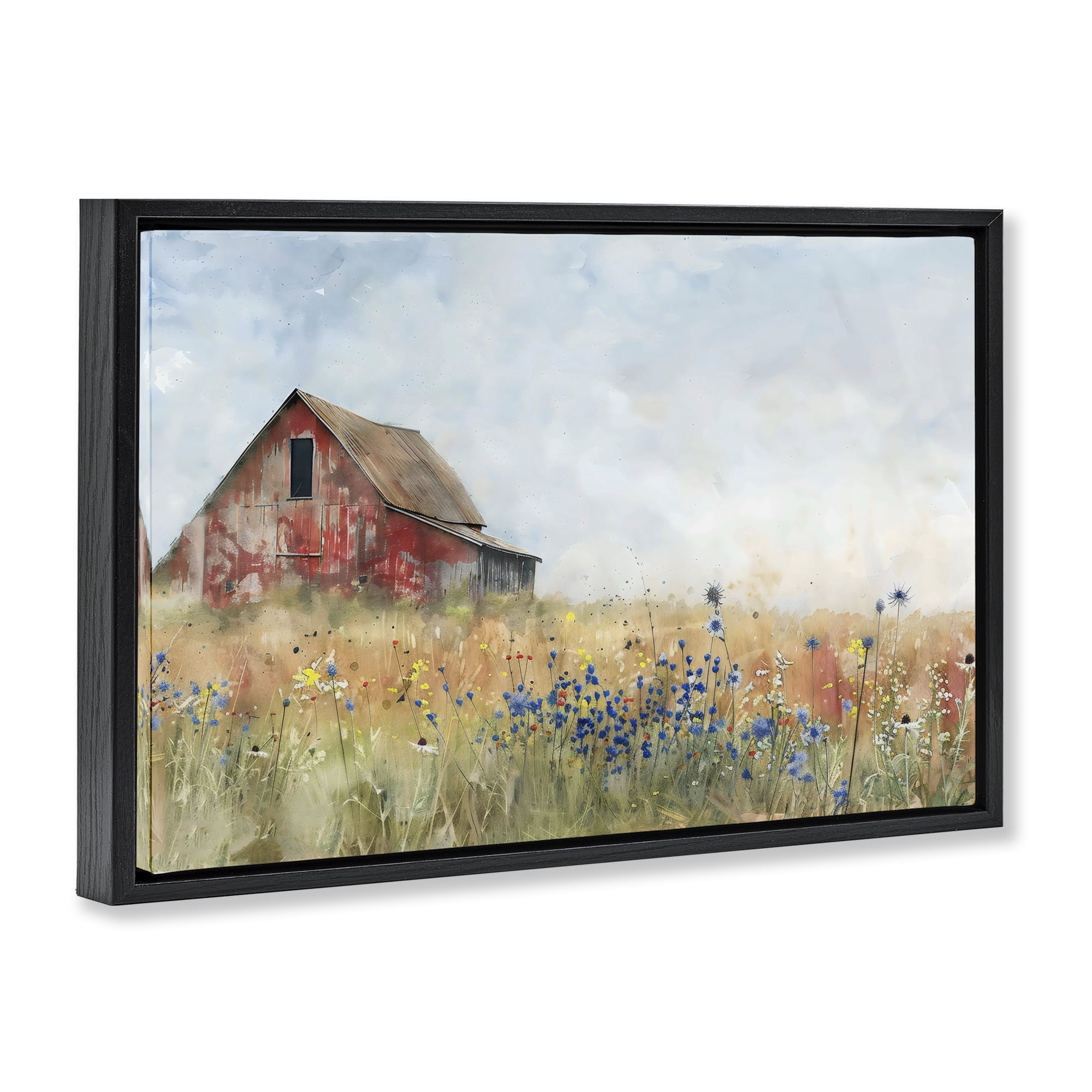 Stupell Industries Rustic Barn in Colorful Meadow Black Framed Floater Canvas Wall Art, design by Creative Studio
