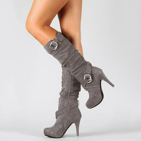 

Long Boots Knee-High Heel Boots For Women Flat Mid-calf Boots Retro Shoes Leather Warm Boots