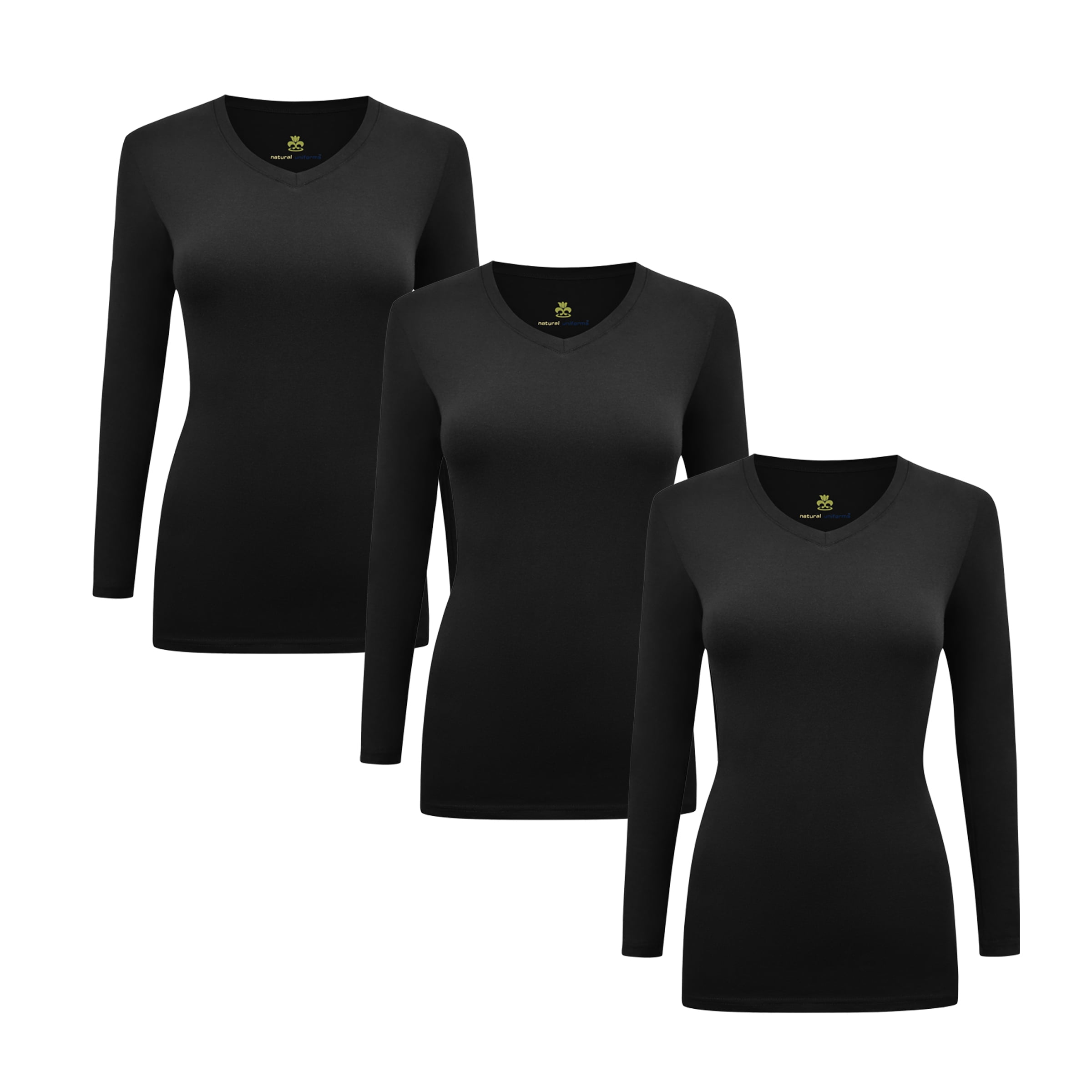 Natural Uniforms VNeck Women's Underscrub Tee Long Sleeve TShirt 3 PACK (Black, XSmall