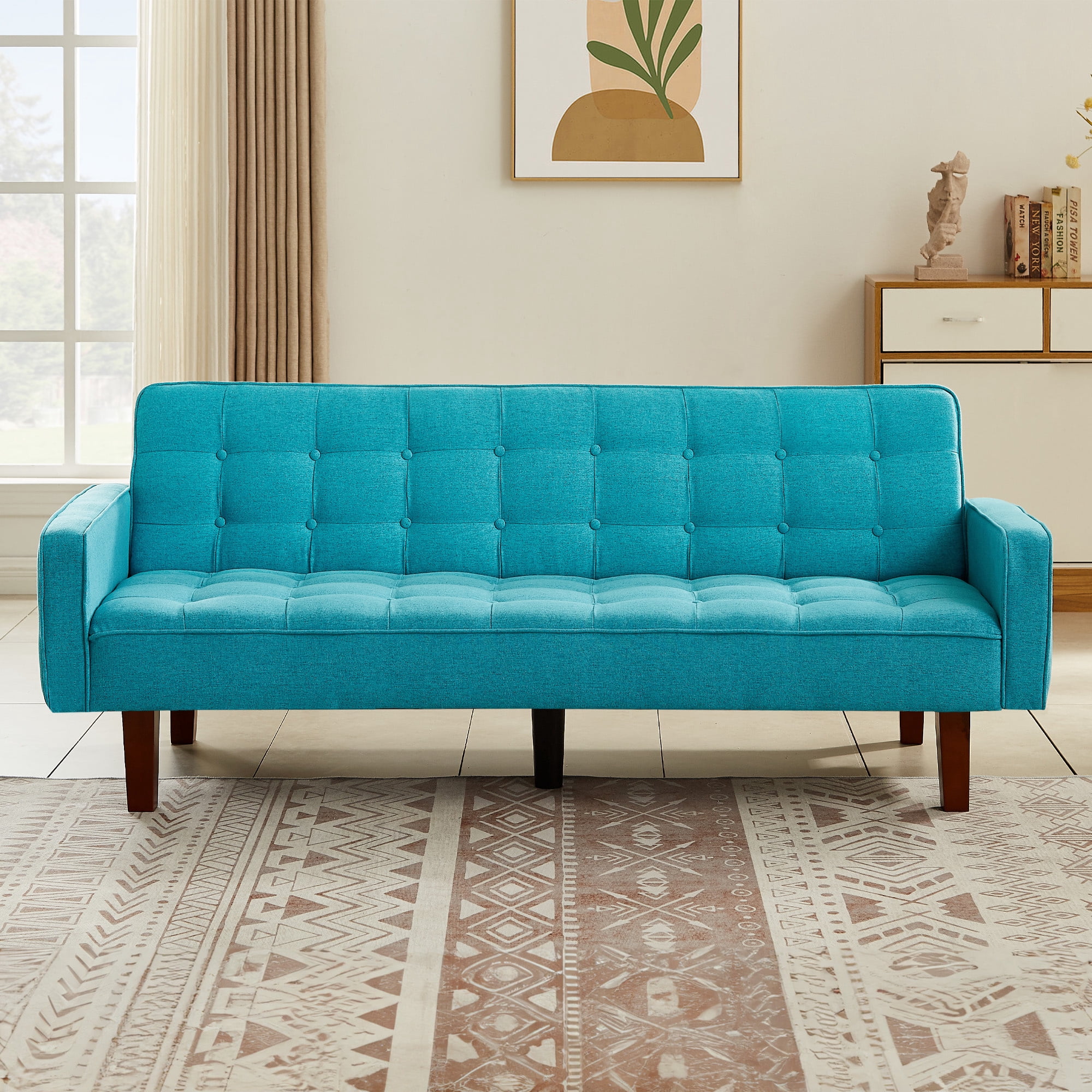 Aukfa 74" Tufted Futon Convertible Sofa Bed, Upholstered Arm Couch for Home Office, Blue
