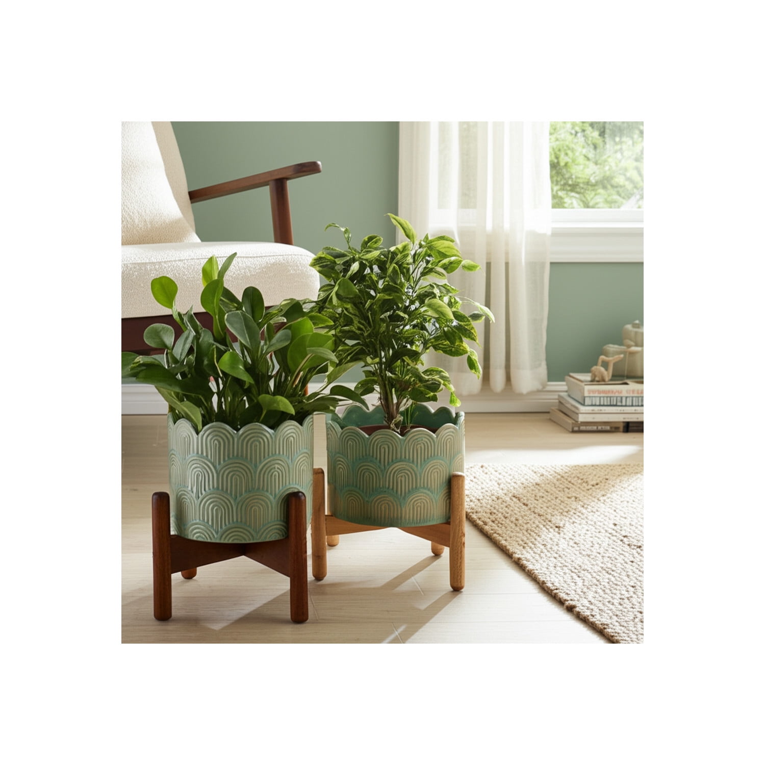 Ceramic Flower Pots and Planters for Home Decor - Indoor or Outdoor Plant Pots for Succulents, Herbs, and Orchids - Decorative Pots for Living Room, Bedroom, or Office Set of 2 - 7", 5" Green