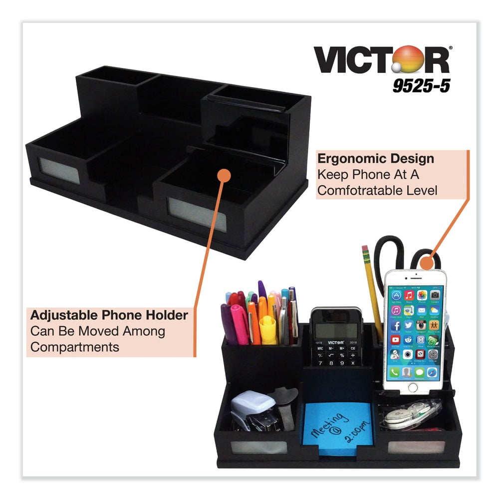 Victor 9525-5 10.5 in. x 5.5 in. x 4 in. 6 Compartments Wood Desk Organizer with Smartphone Holder - Midnight Black