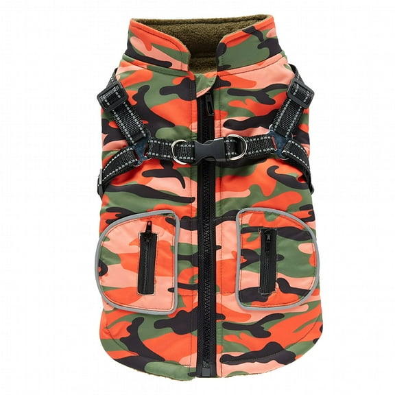 GASTROPOD Pet Warm Jacket Small Dog Vest Harness with Leash Puppy Winter 2 in 1 Outfit Cold Weather Coat (Large, Camouflage Orange)