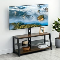 Wooden Storage TV Stand Black Tempered Glass Height Adjustable Universal Swivel Entertainment Center With Mount TV Stand, Rustic Browm