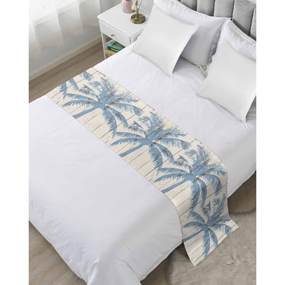 Bed Runner Scarf Cal King Size, Blue Palm Tree Stain Bed Runners & Scarves for Foot of Beds, Coastal Summer Vintage Decorative Bedding Runner Scarf for Hotel Home Bedroom