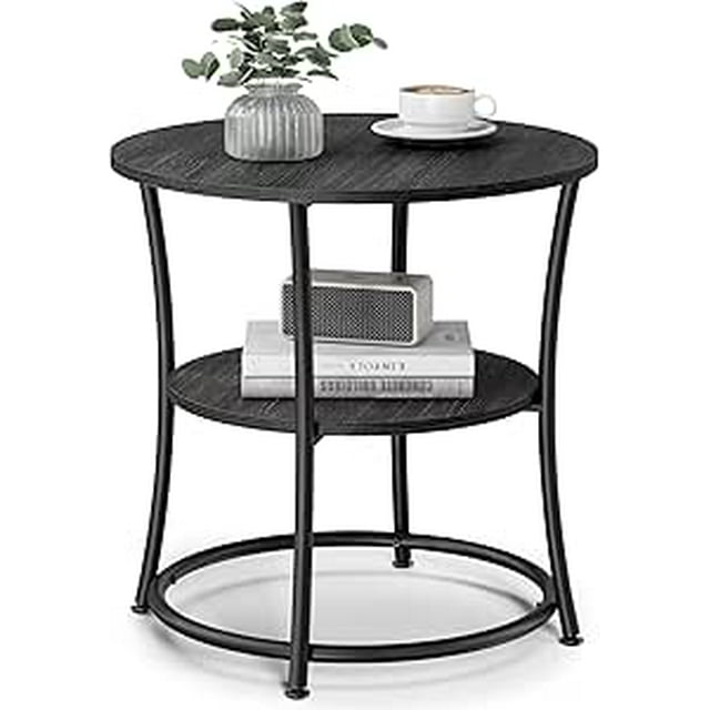 VASAGLE Side Table, 2-Tier Round End Table, Nightstand with Steel Frame for Small Spaces, Living Room, Bedroom, Charcoal Gray and Ink Black