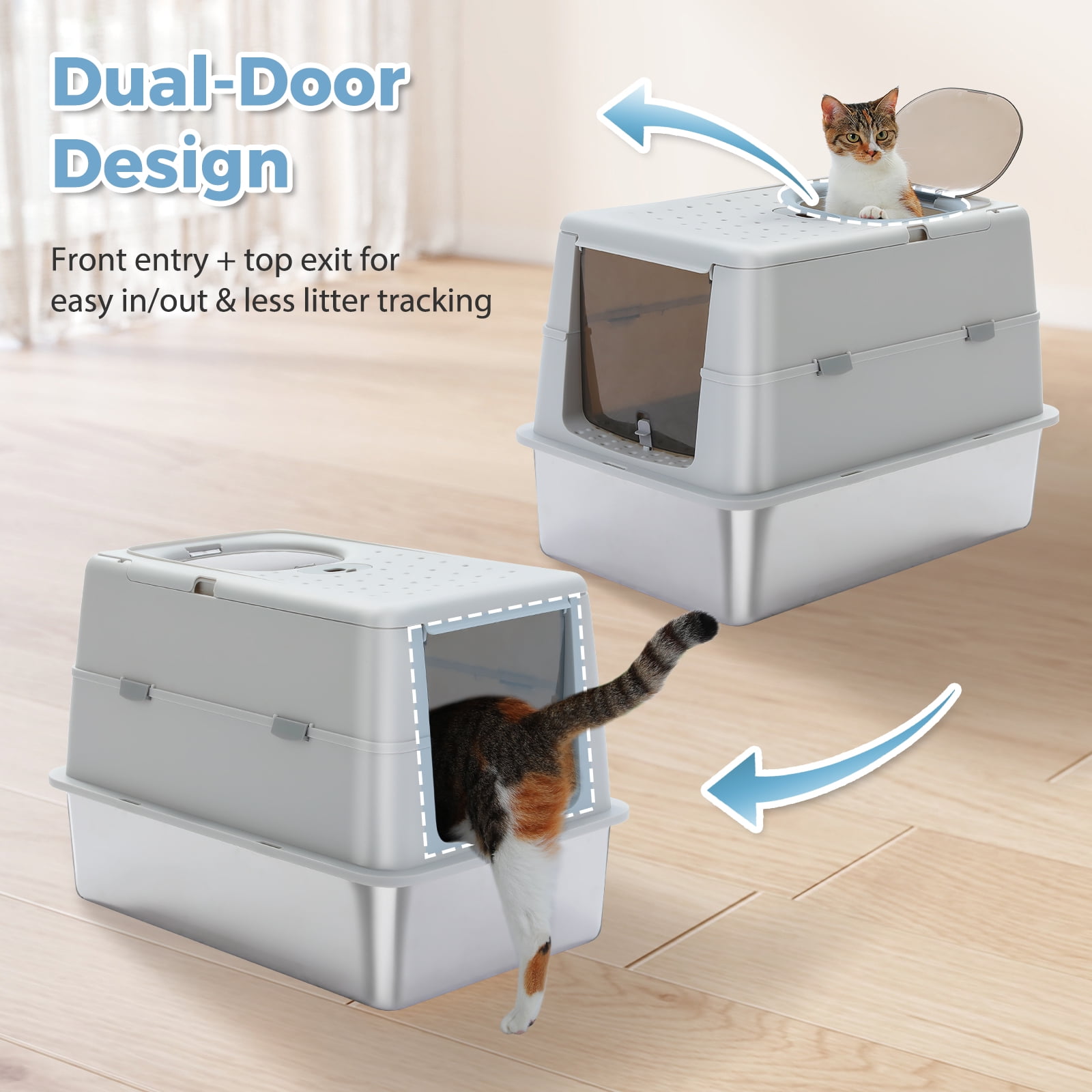 Pefilos 16" High Sides Stainless Steel Cat Litter Box, Anti-Leakage Enclosed Litter Box with Non-Sticky Metal Pan, Scoop, Front & Top Dual Entry for Big Cats, Gray