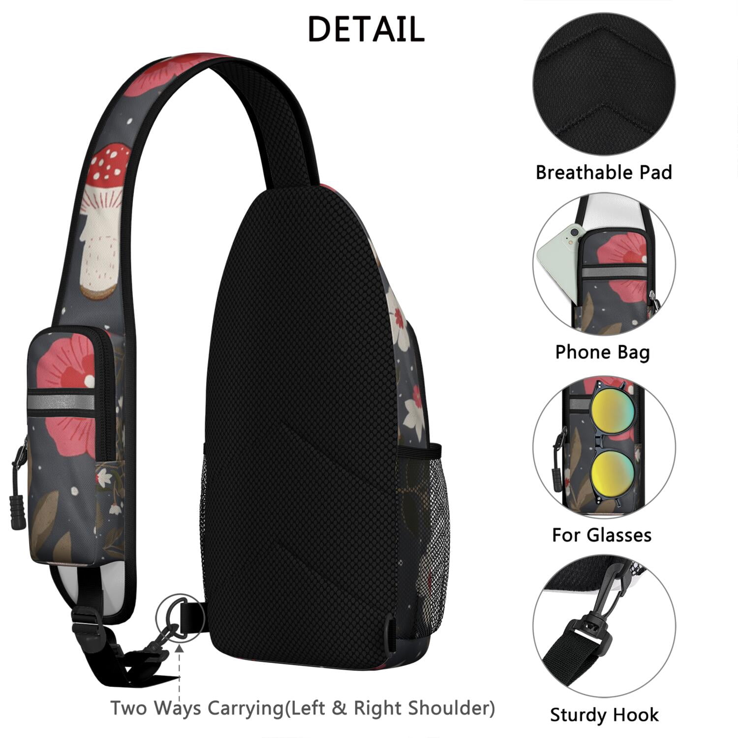 Chest Bag Crossbody Shoulder Bag Crossbody Shoulder BagHiking Sling Backpack for Men Women Travelers Mushroom
