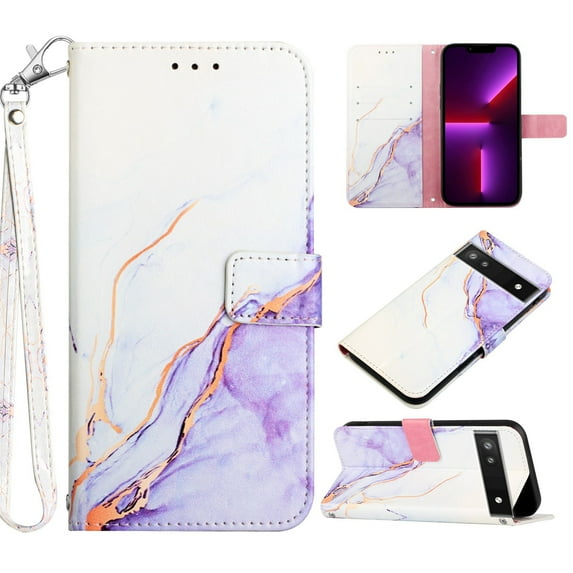 Nalacover for Google Pixel 6a PU Leather Wallet Case,Stylish Marble Pattern Magnetic Clasp Flip Kickstand Cash Pocket Wireless Charging Detachable Wrist Strap Cover for Girls Women,Rose