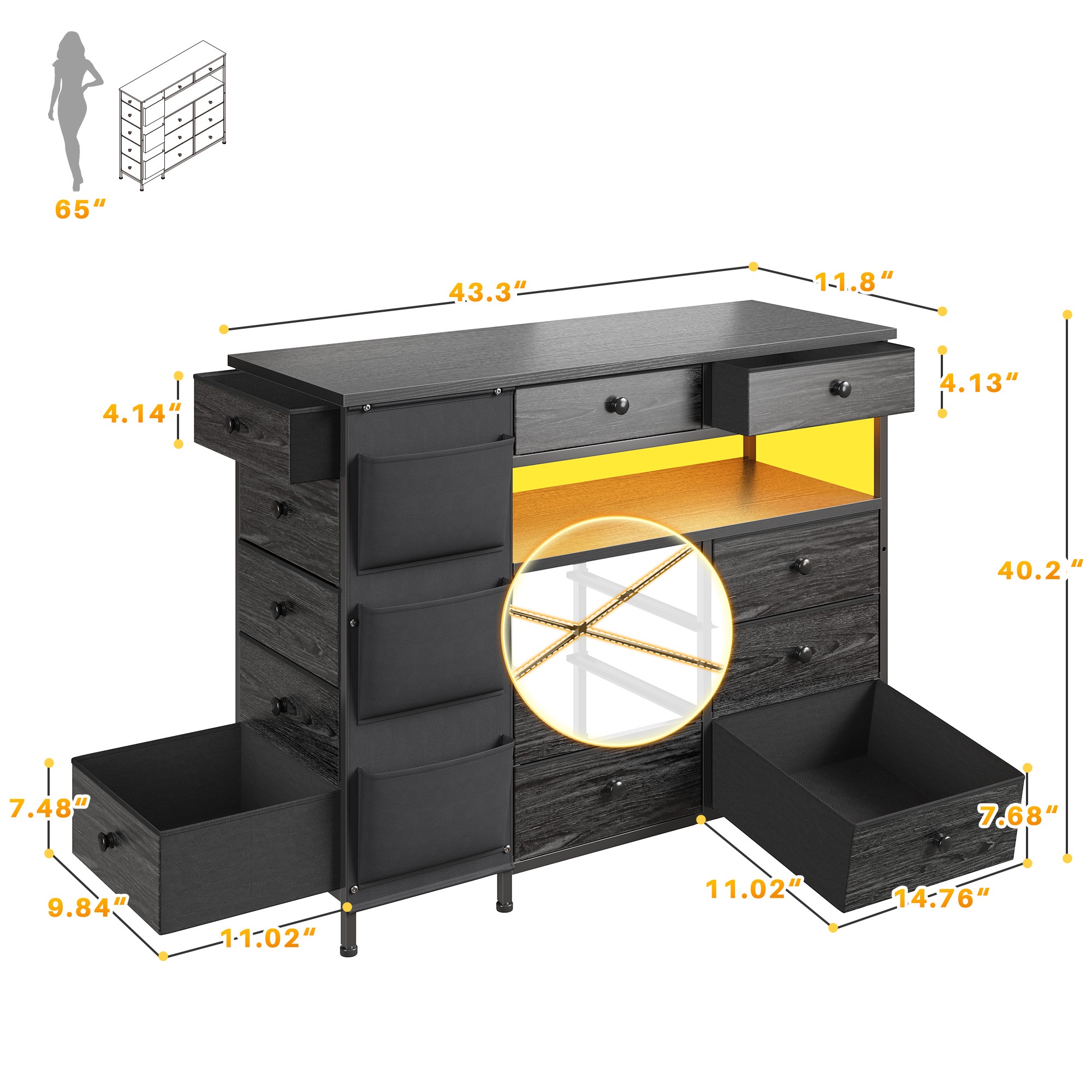 EnHomee Dresser for Bedroom with 13 Drawers and LED Lights Black Dressers & Chests of Drawers Fabric Dresser for Closet,43.3"L x 11.8"W x 40.2"H