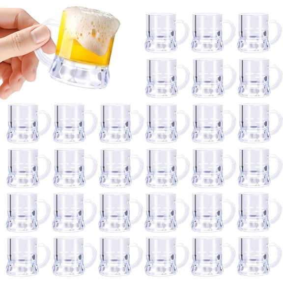 30 Pcs 1oz Mini Plastic Beer Mugs Clear Shot Glasses with Handles Reusable Beer Stein Tasting Cups for Party