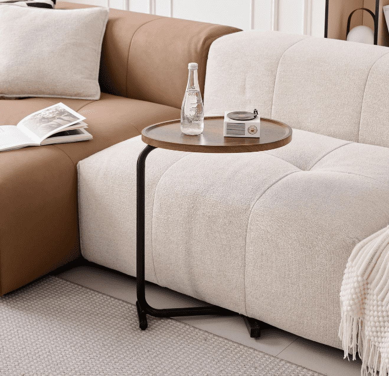 MAYEERTY Brown C-shaped Side Table, Small Sofa Table for Living room