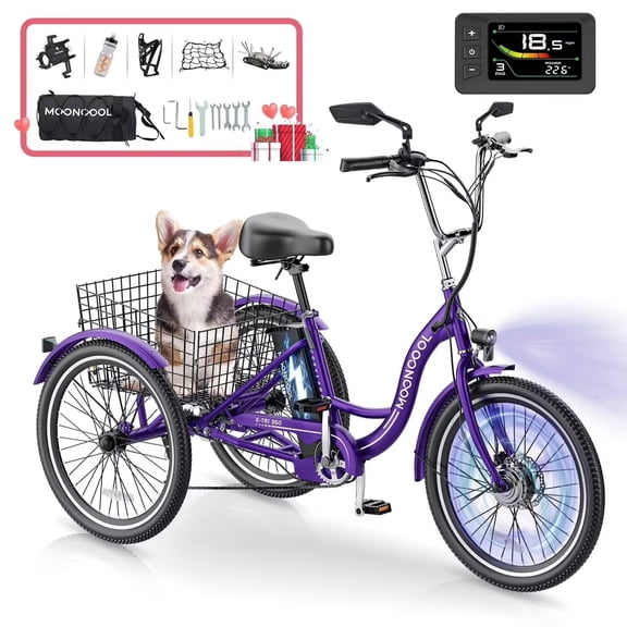 MOONCOOL 24" Electric Tricycle for Adults, 350W 36V 7 Speeds Electric Trike, 3 Wheels Adult Electric Tricycle Bicycle with Large Basket & Tool Kits