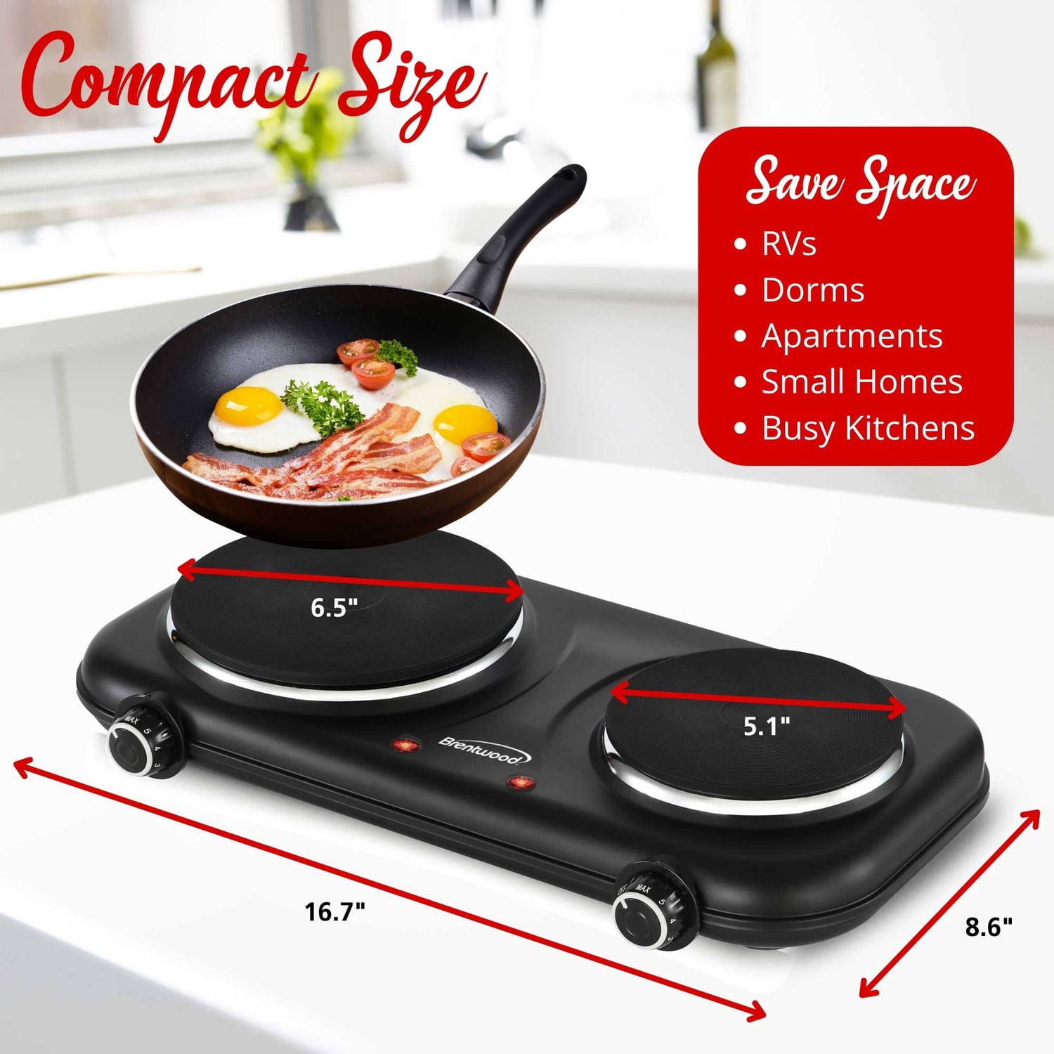 Brentwood Double-Cast-Iron 1,100-Watt Countertop Electric Burner Hot Plate with Temperature Control and Power Indicator Light, Black, TS-332BK