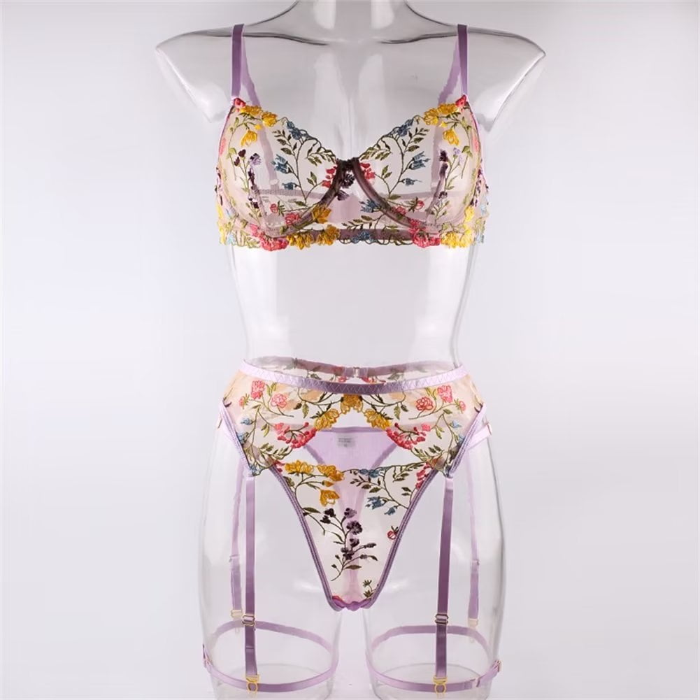 Varsbaby Women's Sexy Sheer Bra See Through Mesh Lingerie Set Transparent Unlined Lace Floral Bra Panty and Garter 3 Piece