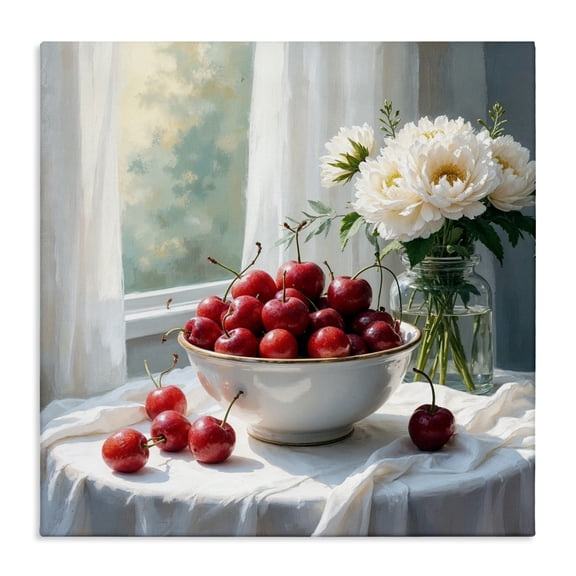 Cherries & Flowers Still Life Canvas Wall Art, design by Lettered and Lined