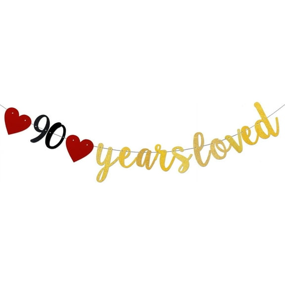 Gold 90 Year Loved Banner,90th Birthday Party Decorations Photo Props,90 Wedding Anniversary Party Decoration Supplies No Assembly Required.90th Gold Glitter Paper Garlands Backdrops