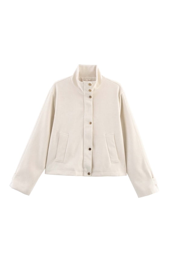 Stylish Stand Collar Casual Jacket with Zipper & Button Closure for Women