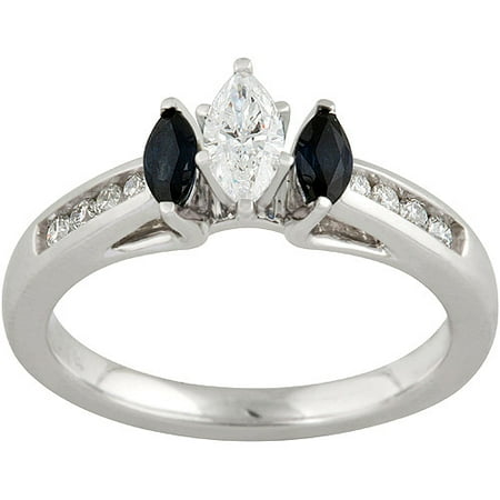 3/8 Marquise and Round Diamond and Sapphire Ring in 10kt White Gold