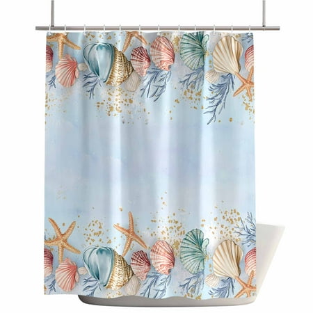 Shower Curtains for Bathroom-66"x72",Summer Coastal Beach Starfish Shell Waterproof Bath Curtain Grommet Shower Curtain Set with Hooks,Marine Life Coral on Blue Washable Bath Accessories