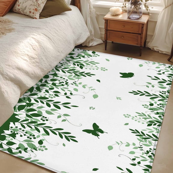4x6 Area Rugs, Green Spring Botanical Non-Skid Rubber Backing Large Rectangle Rugs - Living Room Bedroom Home Office, Weeping Eucalyptus Butterfly Indoor Floor Mat Carpets Washable Rug