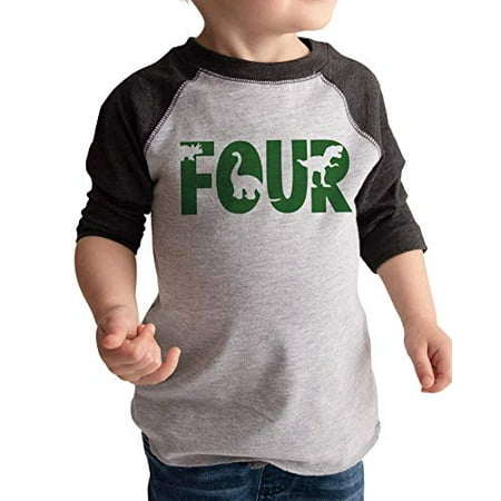 

7 ate 9 Apparel Four Forth Birthday Dinosaur Grey Baseball Tee