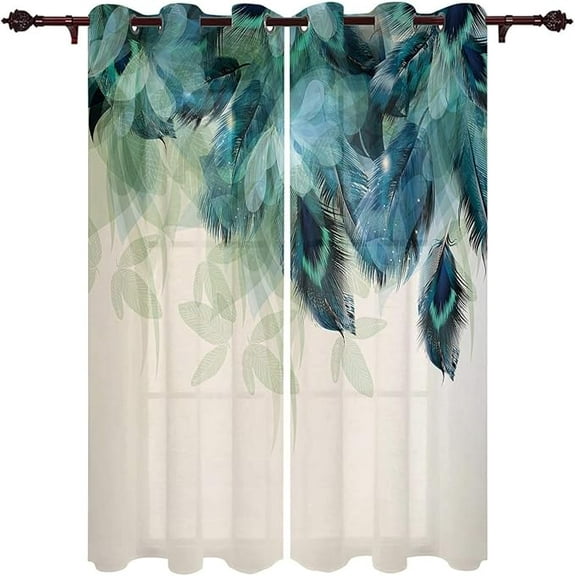 Peacock Feather Blackout Curtains, 3D Teal Blue Floral Print Window Curtains, Thermal Insulated Darkening Grommet Drapes Set For Living Room Bedroom Kitchen Decor 26"W x 54"L (Pack of 2)