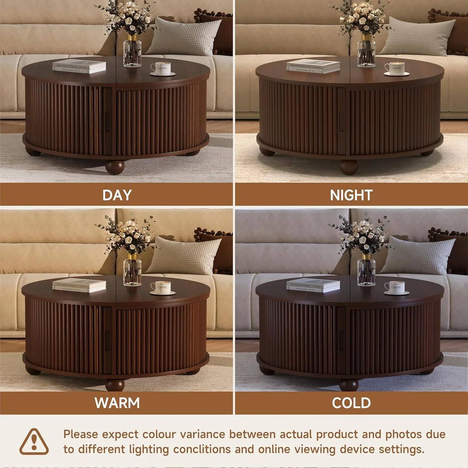 AISWORD 31.5" Fluted Round Coffee Table with Storage, Mid Century Modern Lift Top Drum Accent Table for Living Room Small Space, Walnut