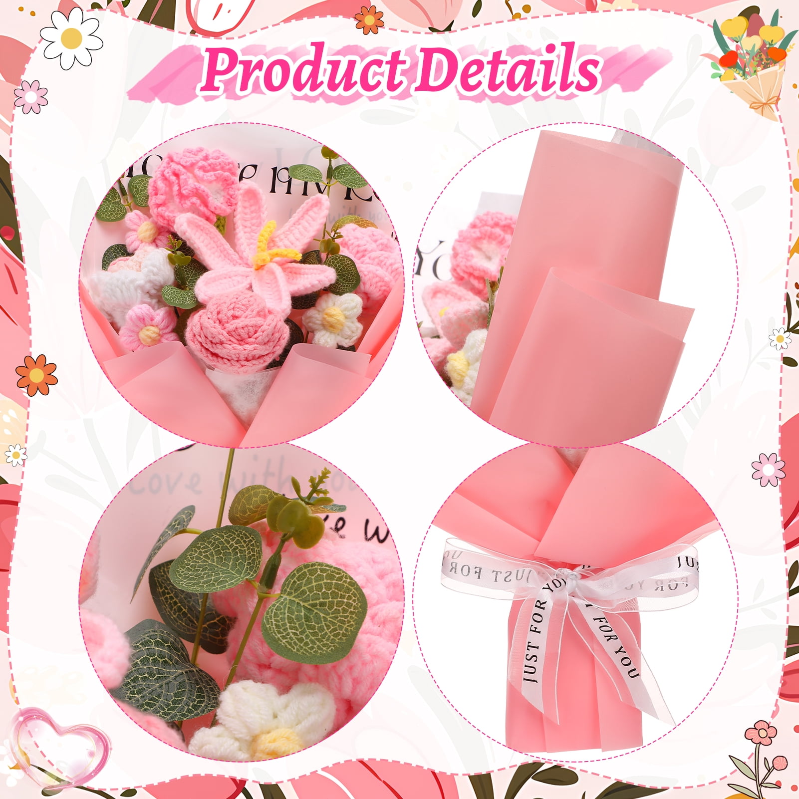 Armscye Pink Crochet Flower Bouquet, Handmade Knitted Flowers with Card, You Are My Love Bouquet, End of Year Graduation Thank You Gift for Teacher, Her, Friend, Farewell Arrangement