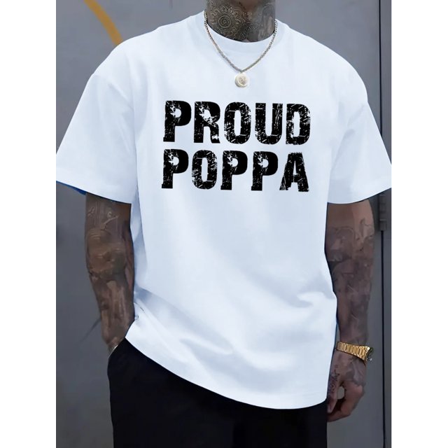 1 Pce T-Shirt Décontracté à Col Rond pour Hommes avec Imprimé "Poppa Fier", Tissu en Polyester, Légèrement Extensible, Manches Courtes, Longueur Régulière, Motif Alphabet pour Usage Quotidien et Week-End - Collection d'Été