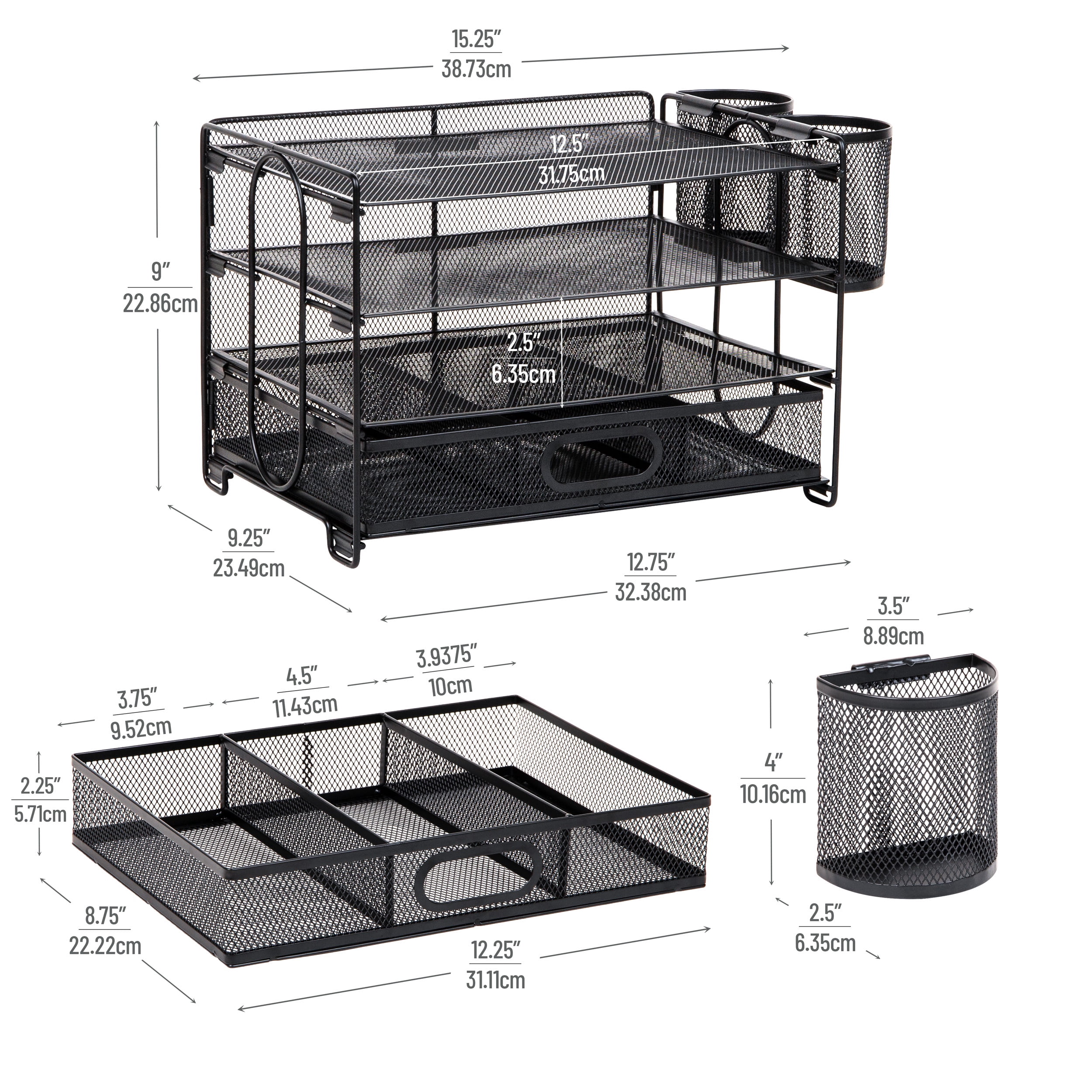 Mind Reader Mesh Desk Organizer, 3 Trays, 1 Drawer, 2 Pen Holders, Office Desktop Organizer, Metal Mesh, Black