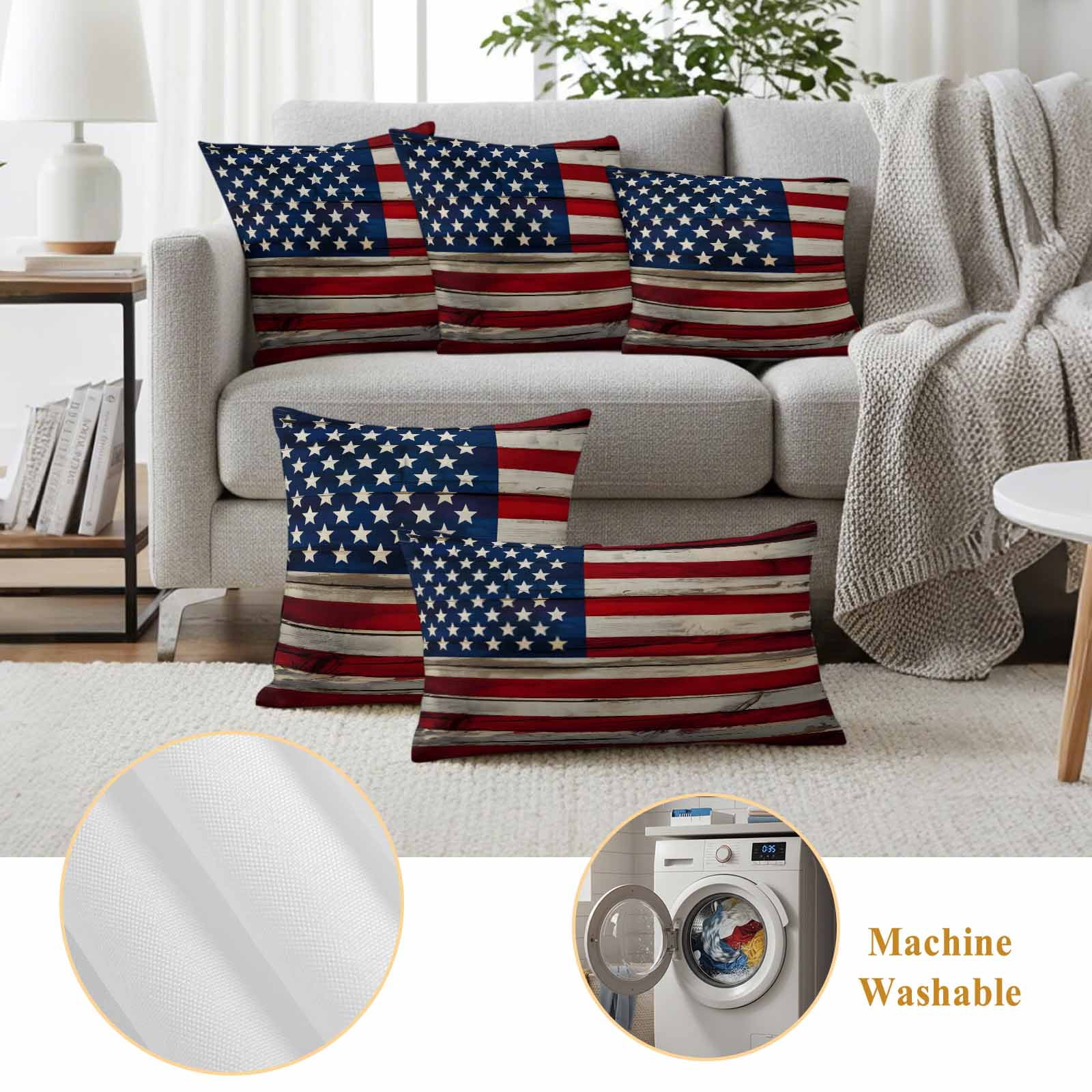 Independence Day Pillow Covers 2 Pack Retro American Flag Blue Star Red White Stripe Wood Pillowcase Waterproof Outdoor Throw Pillow Cover for Patio Garden Square Cushion 18”x18”