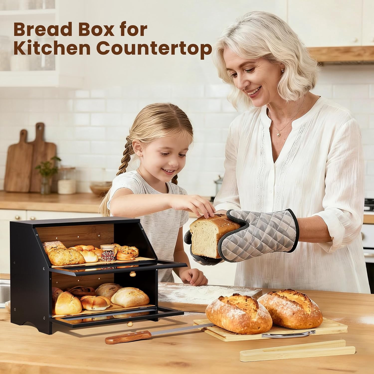 Double Layer Bamboo Bread Box for Kitchen Countertop, Large Capacity, Cutting Board, Stainless Steel Bread Knife, Double Layer Storage Container with Clear Windows, Black