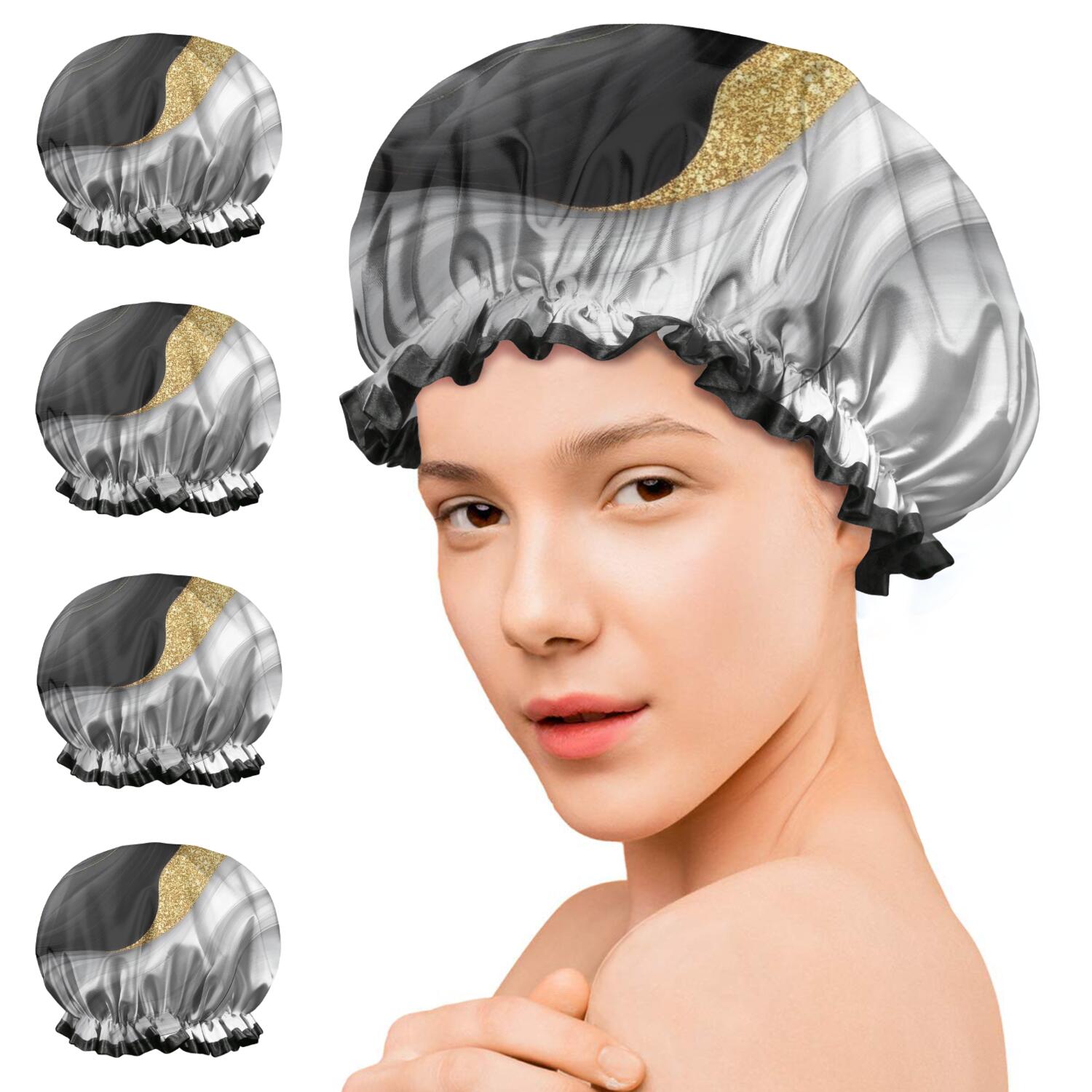 Shower Caps,Black White Marble Gold Wave Pattern Waterproof Shower Cap for Women 4 Pieces,Double Reusable Hair Cover for Shower PEVA Elastic Stretch Hem