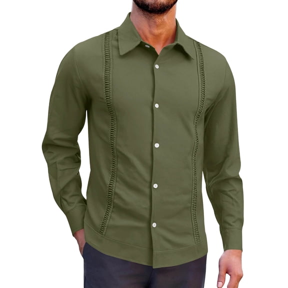 Cmfcve Mens Cuban Guayabera Shirt Long Sleeve Casual Dress Linen Button Down Shirts Fashion Loose Fit Shirt Jackets
