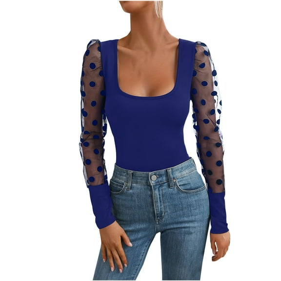 Women's Square Neck Tops Puff Long Sleeve Bodysuit Off Shoulder Sheer Polka Dot Sleeve Shirt Lightweight Pullover