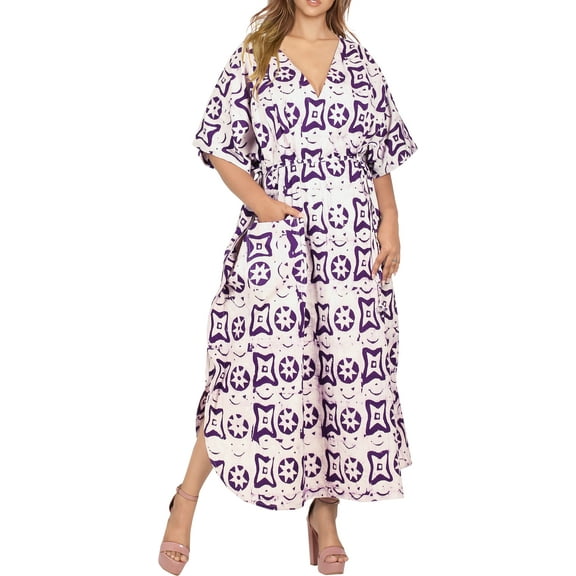 HAPPY BAY Women's Summer Batik Sleepwear Caftan Maxi Loungewear Dashiki House Dress with Pockets Nightgowns for Women 1X-2X Purple, Star
