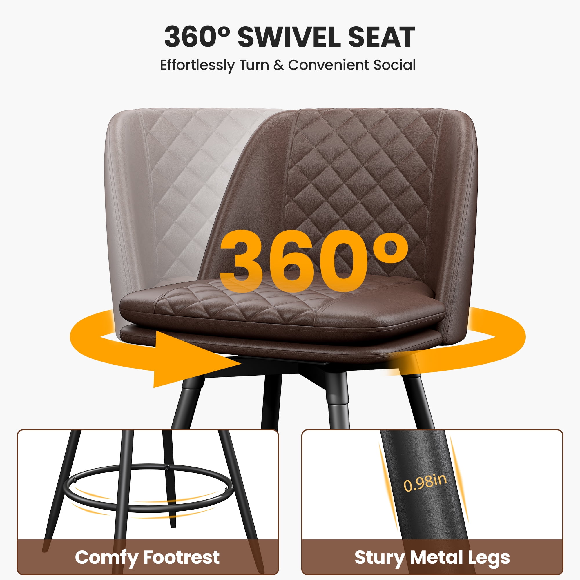 LainTene Swivel Bar Chairs Set of 6, 26-Inch Counter Height Stools with Faux Leather Seats, Footrest & Backrest – Ideal for Kitchen Island or Bar