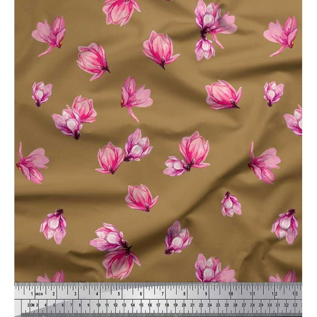 Soimoi Polyester Crepe Fabric Magnolia Floral Decor Fabric Printed Yard 52 Inch Wide