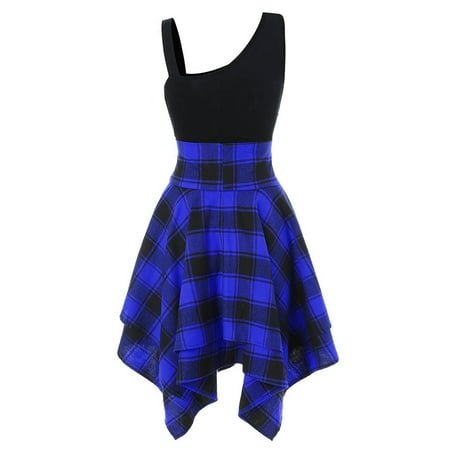 

Inkach Women Sleeveless Cold Shoulder Cross Lace Up Plaid Print Irregular Dress