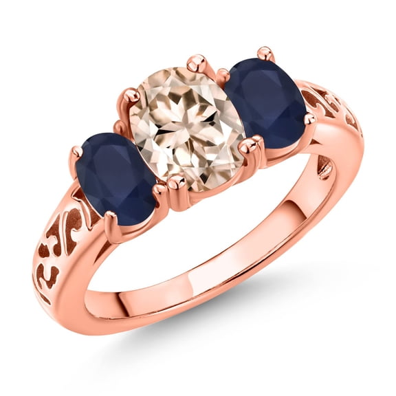 Gem Stone King 18K Rose Gold Plated Silver Peach Morganite and Blue Sapphire Filigree Style 3 Stone Ring for Women (2.11 Cttw, Oval 8X6MM and 6X4MM) (Size 9)