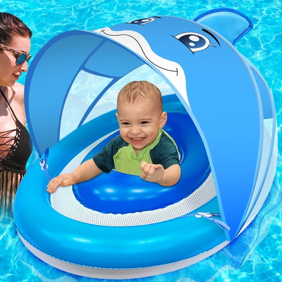 Flotador de piscina para bebés AMENON Dolphin con toldo UPF50+ de 6 a 36 meses
