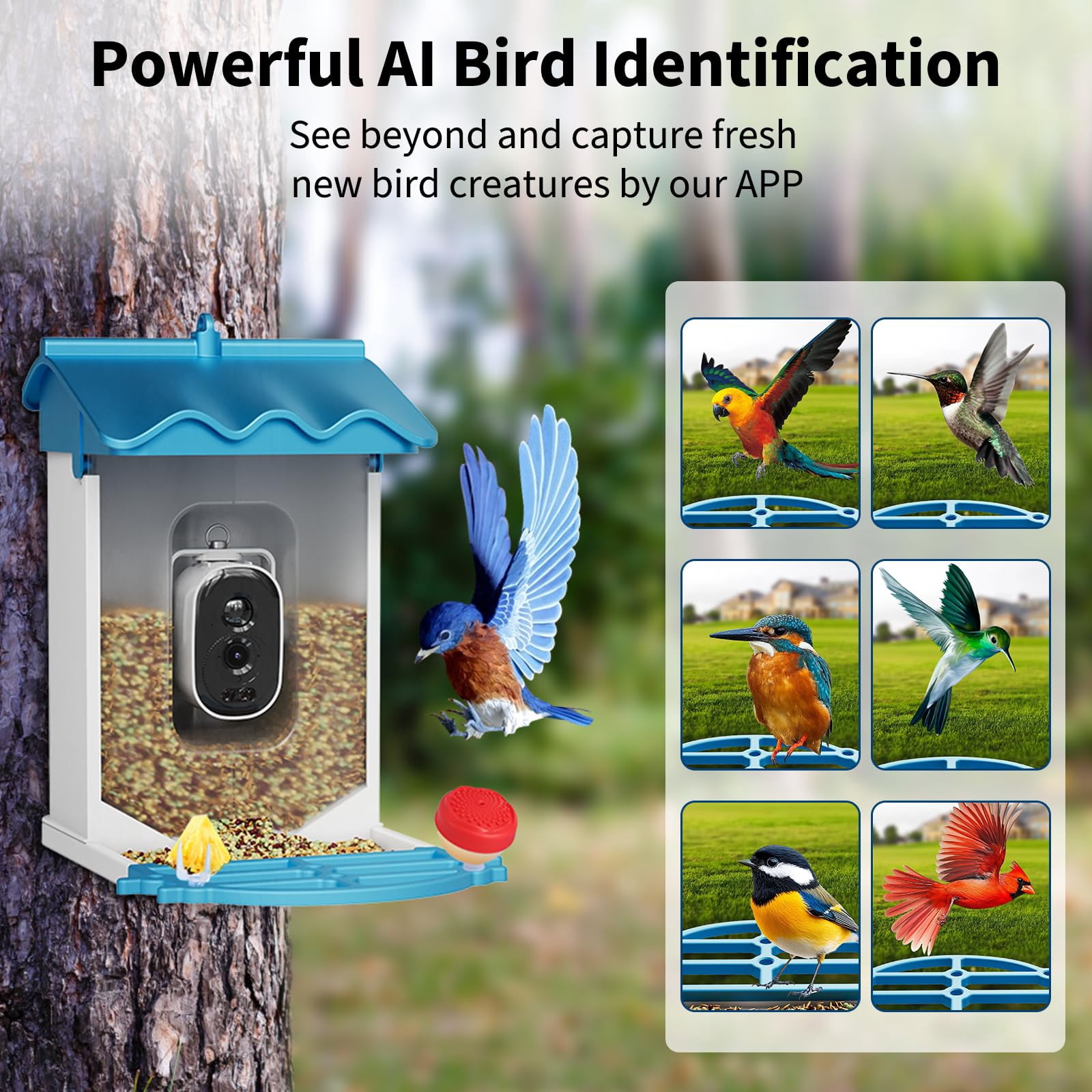 Solar Smart 4K Bird Feeder with AI Recognition - 2L Capacity with Night Vision & Auto Photo/Video Capture, Squirrel Deterrent & App Alerts for Bird Watching, Blue